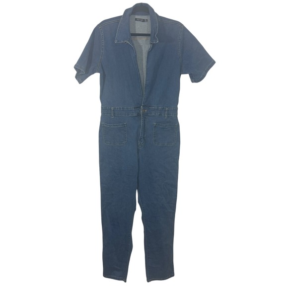 Nasty Gal Denim Jumpsuit Short Sleeve Collared Blue Size US 12 - Picture 1 of 9